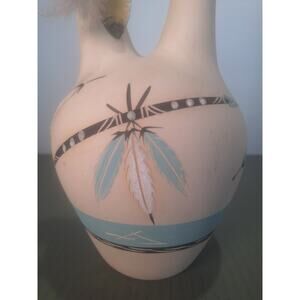 Large "Little Blue" Pottery Wedding Vase Style Double Spout Feather Design 14"